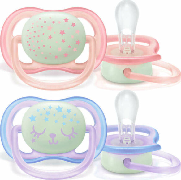 Philips Avent Πιπίλες Σιλικόνης 0-6 μηνών Ultra Air Night Αστεράκια Ροζ Σετ 2τμχ