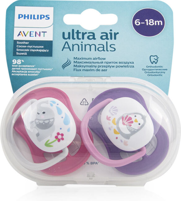 Philips Avent Ultra Air Animals Πιπίλες Σιλικόνης 6-18 μηνών Ελεφαντάκι-Πιγκουινάκι Ροζ Σετ 2τμχ - Image 2