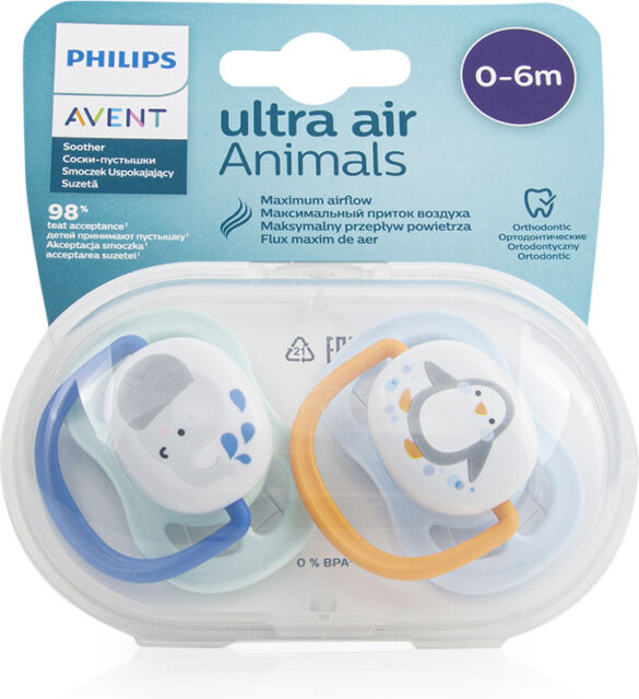 Philips Avent Animals Ultra Air Πιπίλες Σιλικόνης 0-6 μηνών Ελεφαντάκι-Πιγκουινάκι Σιελ Σετ 2τμχ - Image 3